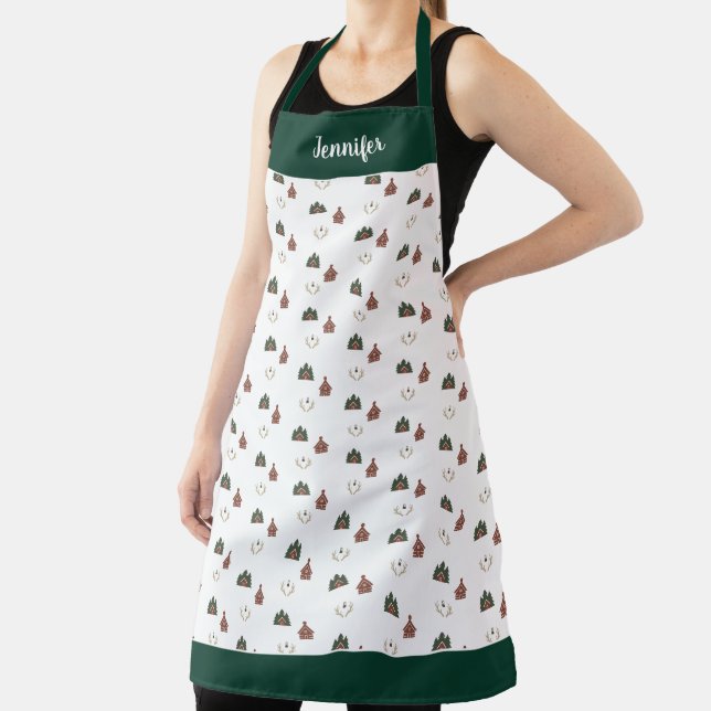 Joyful cozy cabin Christmas pattern monogram name Apron (Insitu)