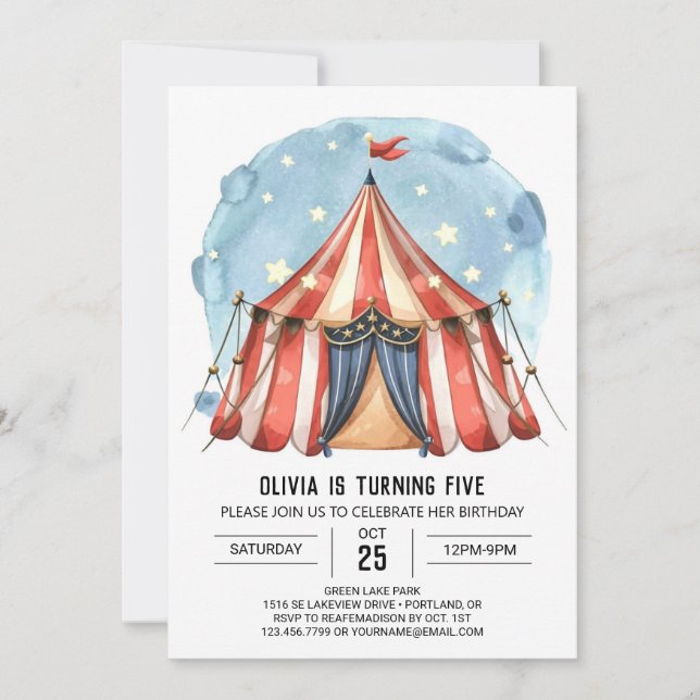 Joyful Custom Watercolor Circus Birthday Invitation (Front)