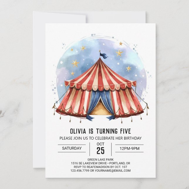 Joyful Custom Watercolor Circus Birthday Invitation (Front)