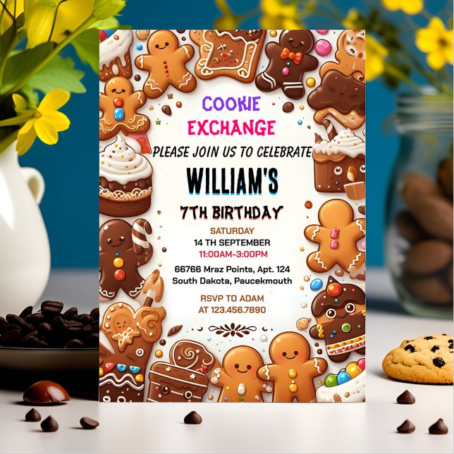 joyful cute food Kids Cookie Exchange 7th Birthday Invitation (Creator Uploaded)
