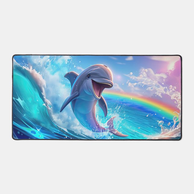 Joyful Dolphin Desk Mat (A joyful dolphin leaps from vibrant ocean waves under a bright rainbow.  )