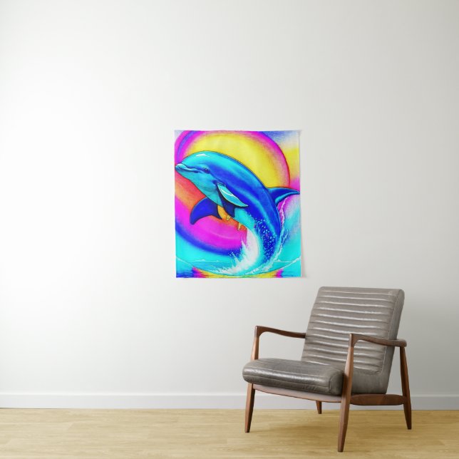 Joyful Dolphin in Rainbow Colours Tapestry (In Situ)