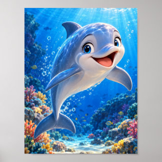 Joyful Dolphin Under the Sea - Vibrant Ocean Coral Poster