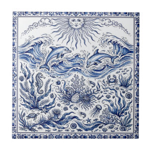 Joyful Dolphins Fantasy Sea Delft Style Blue White Tile