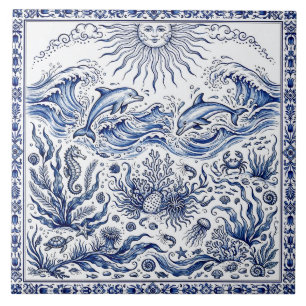 Joyful Dolphins Fantasy Sea Delft Style Blue White Tile
