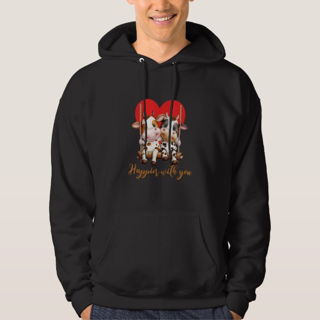 Joyful Duo Happier With You Cow Couple Hoodie (Front)