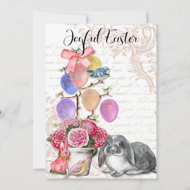 Joyful Easter, French Bunny Rabbit, Shabby Chic Holiday Card (Front)