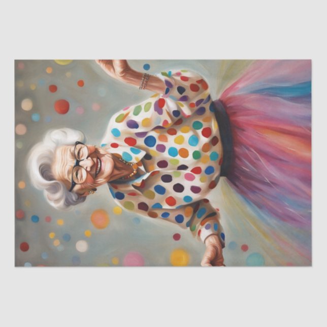 Joyful Elegance: Old Lady in Colourful Tulle Skirt Tissue Paper (Front)