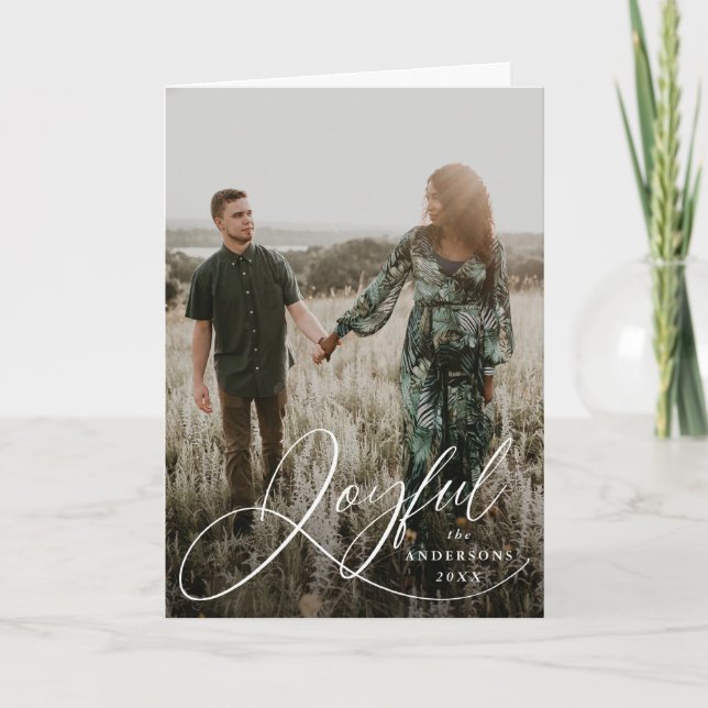 Joyful Elegance Script Photo Holiday Greeting Card (Front)