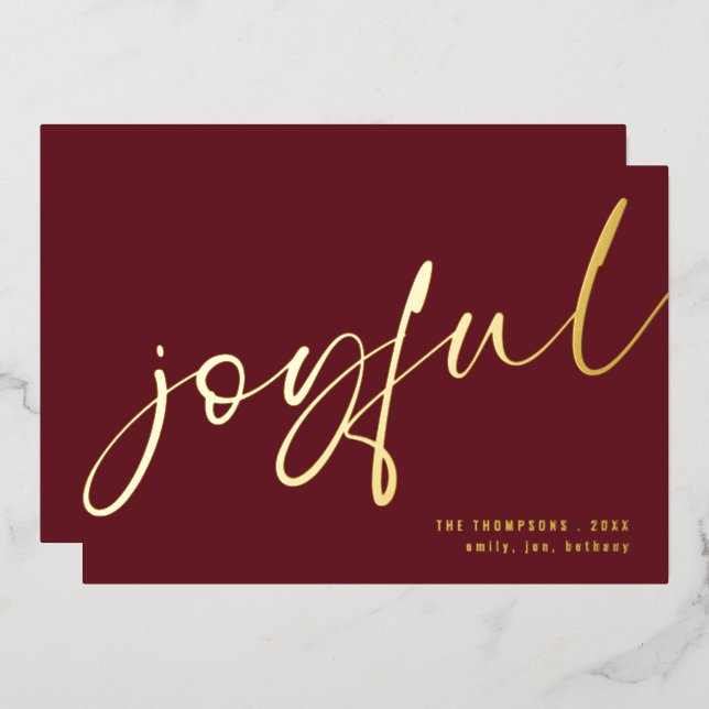 Joyful Elegant Calligraphy Name Christmas Burgundy Foil Holiday Card (Front/Back)