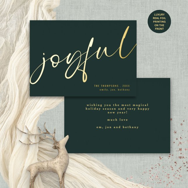 Joyful Elegant Calligraphy Name Christmas Green Foil Holiday Card (Front and back view. Note the front typography is printed in REAL foil. Back text is not in foil.)