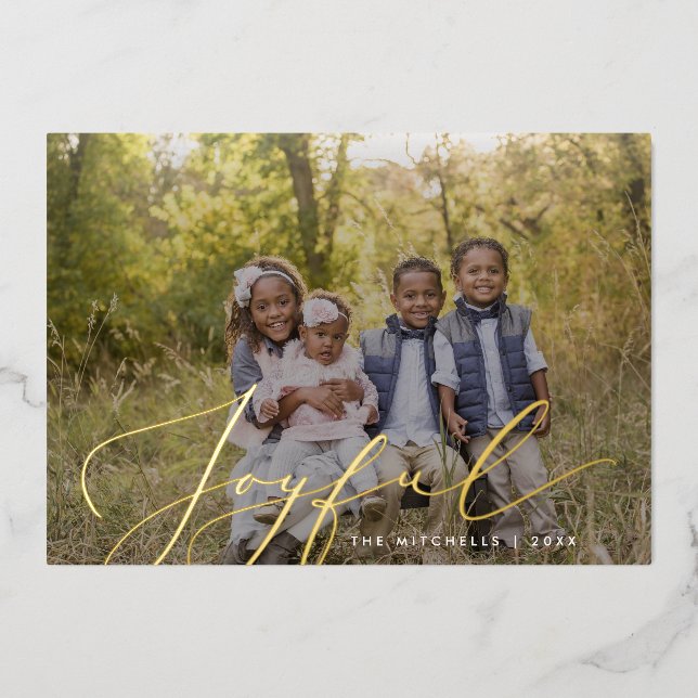 Joyful Elegant Calligraphy Overlay Photo Foil Holiday Card (Front)