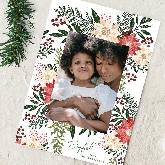Joyful Elegant Christmas Poinsettia Splendour Phot Holiday Card (Creator Uploaded)
