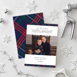 Joyful Elegant Navy Red Green Tartan Plaid Photo Holiday Card