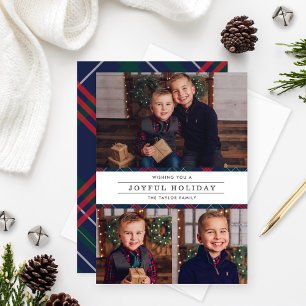 Joyful Elegant Navy Tartan Plaid Photo Collage Holiday Card