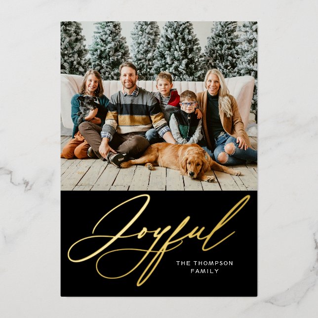 Joyful Elegant Personalised Gold Black Photo Foil Holiday Card (Front)