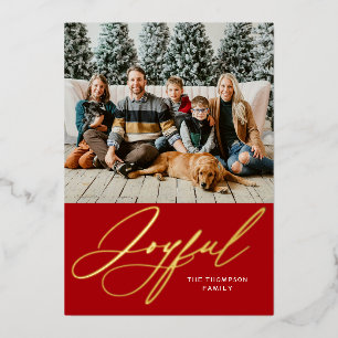Joyful Elegant Personalised Gold Red Photo Foil Holiday Card