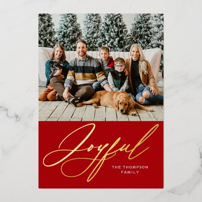 Joyful Elegant Personalised Gold Red Photo Foil Holiday Card (Front)