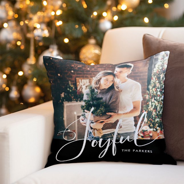 Joyful | Elegant Script and Photo Christmas Black Cushion (An elegant holiday family photo pillow with modern script calligraphy)