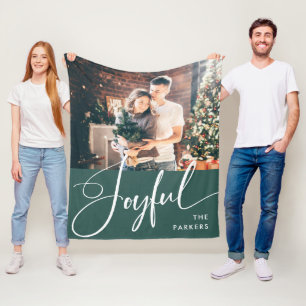 Joyful Elegant Script and Photo Christmas Fleece Blanket