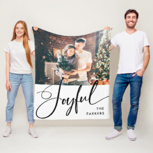 Joyful Elegant Script and Photo Christmas Fleece Blanket