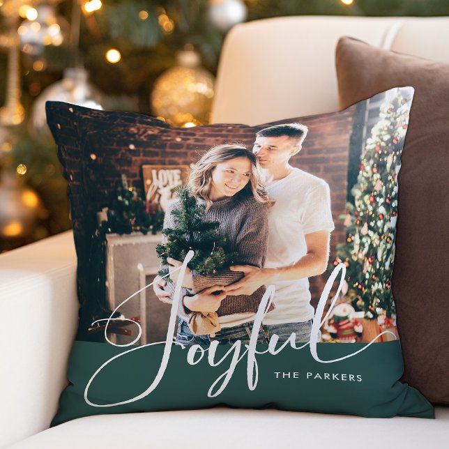 Joyful | Elegant Script and Photo Christmas Green Cushion (A festive, elegant Christmas pillow in green with your family's photo and modern calligraphy)
