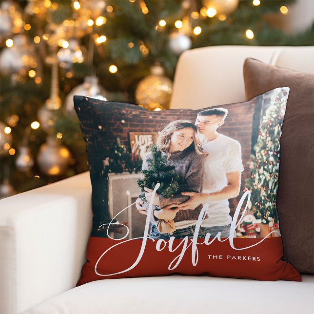 Joyful | Elegant Script and Photo Christmas Red Cushion (An elegant holiday family photo pillow with modern script calligraphy)