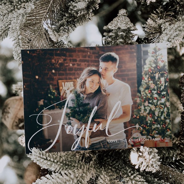 Joyful | Elegant Script and Photo Magnetic Card (A beautiful Christmas photo magnetic card with elegant calligraphy)