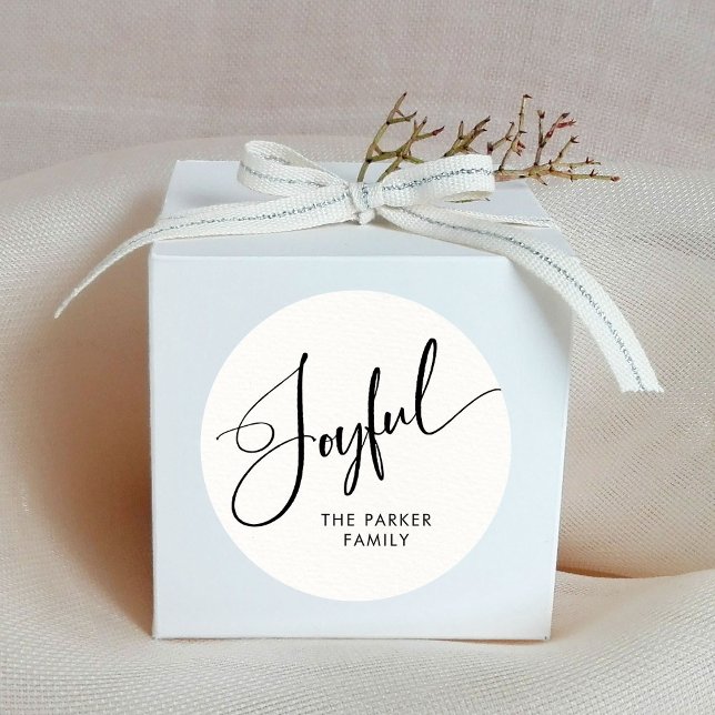 Joyful | Elegant Script Black and White Christmas Classic Round Sticker (Christmas stickers with elegant calligraphy that says "joyful")