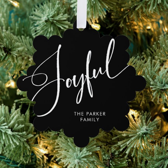 Joyful | Elegant Script Black Christmas Tree Decoration Card (Insitu (Tree))