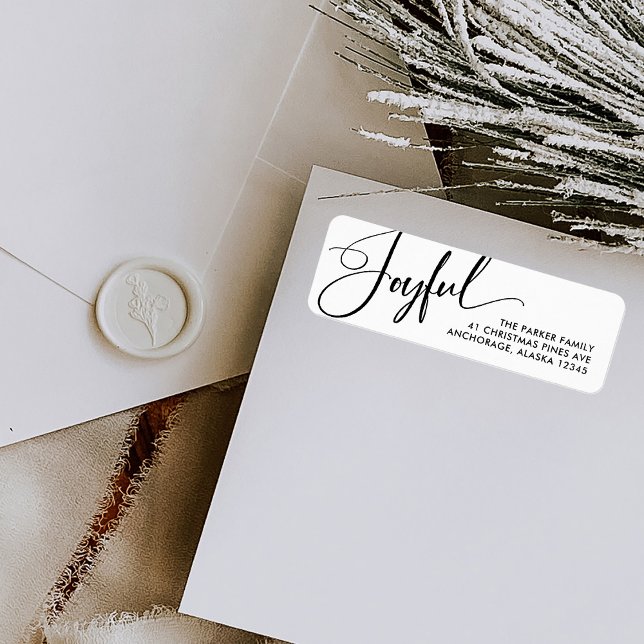 Joyful | Elegant Script Christmas Black and White (Elegant Christmas return address labels with modern calligraphy)
