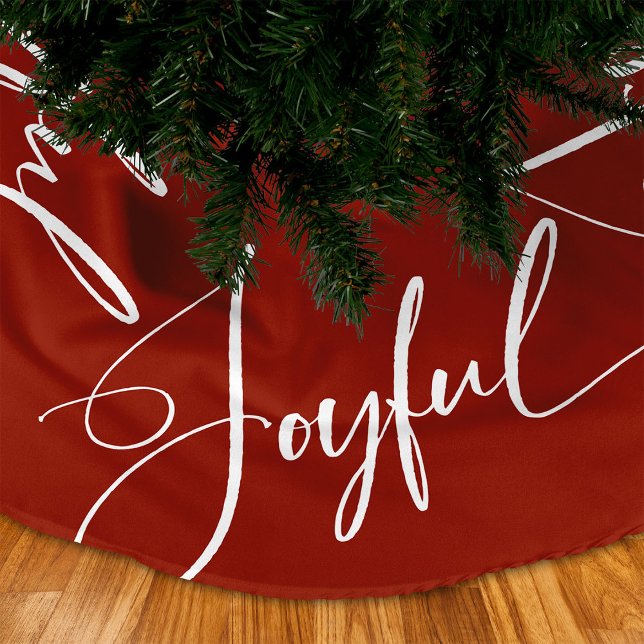 Joyful | Elegant Script Christmas Red Brushed Polyester Tree Skirt (An elegant and unique Christmas tree skirt featuring stunning calligraphy that says "joyful")