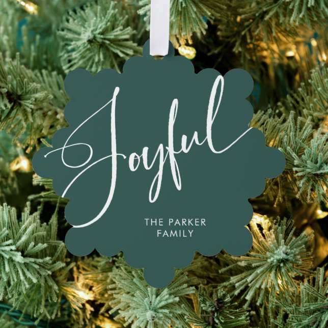 Joyful | Elegant Script Green Christmas Tree Decoration Card (Insitu (Tree))