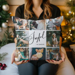 Joyful | Elegant Script Multi Photo Christmas Cushion<br><div class="desc">This elegant black and white Christmas pillow says "Joyful" in modern black script calligraphy. Add eight of your favourite family photos and your name for a stylish and festive holiday keepsake.</div>