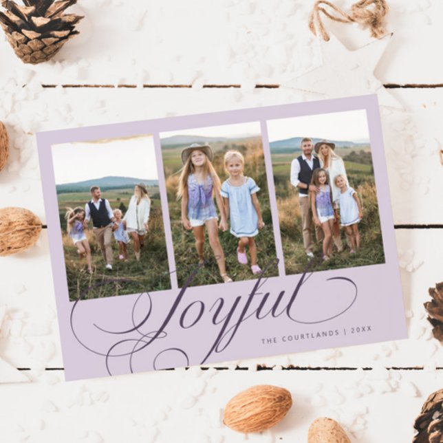 Joyful Elegant Script Purple Multi Photo Holiday Card (Creator Uploaded)