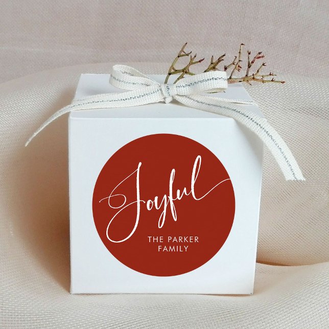 Joyful | Elegant Script Red Christmas Classic Round Sticker (Christmas stickers with elegant calligraphy that says "joyful")