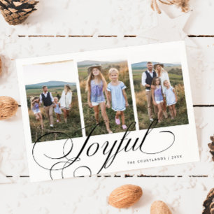 Joyful Elegant Script White Multi Photo Holiday Card