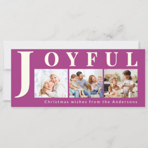 Joyful Family 3 Photo Collage Magenta Christmas Holiday Card