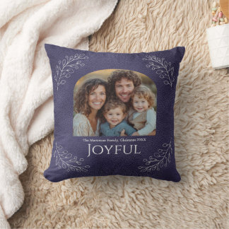 Joyful Family Christmas Photo Elegant Blue Cushion