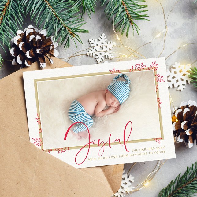 JOYFUL FAMILY PHOTO elegant botanical red gold Holiday Card (Creator Uploaded)