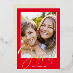 JOYFUL FAMILY PHOTO fun script overlay gold red Foil Holiday Card