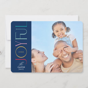 JOYFUL FAMILY PHOTO modern elegant blue colorful Holiday Card