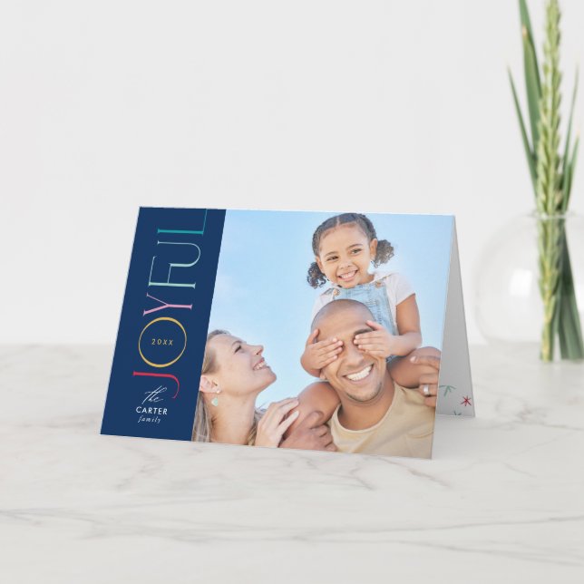 JOYFUL FAMILY PHOTO modern elegant navy colourful Holiday Card (Front)