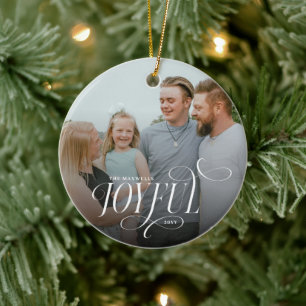 Joyful Family Photo Year Modern Typography Holiday Ceramic Tree Decoration