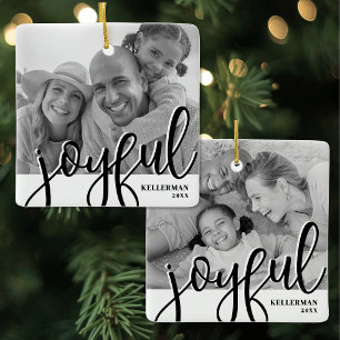 Joyful Family Two Photo Christmas Ceramic Ornament