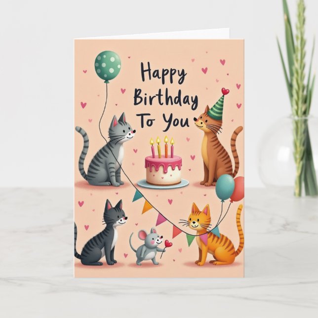 Joyful Feline Party Card (Front)