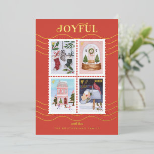Joyful Festive Christmas Scenes Postage Stamps Foil Holiday Card