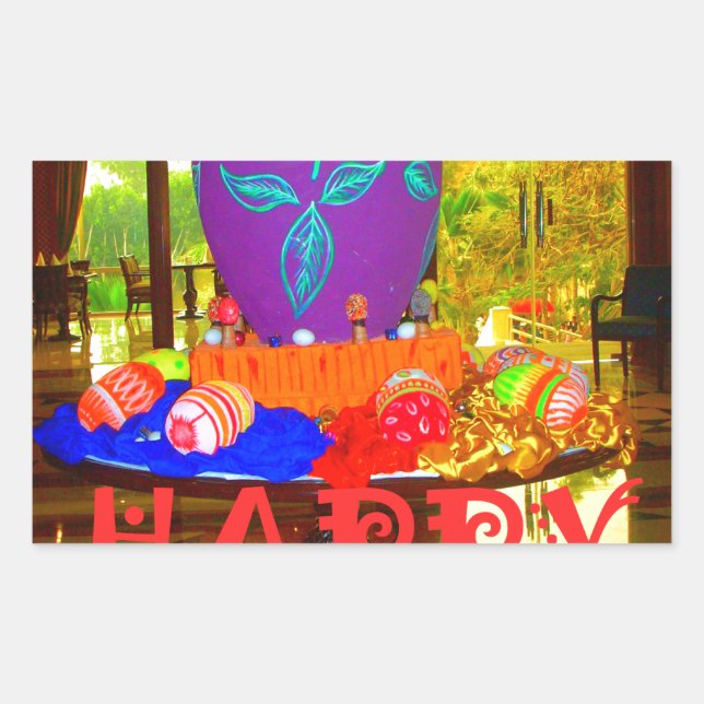 Joyful Festive Springtime Easter Colourful Eggs Ar Rectangular Sticker (Front)