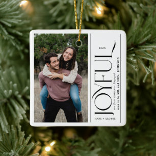 Joyful First Christmas Engaged Couples Photo Ceramic Ornament