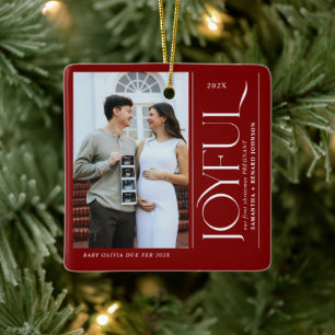 Joyful First Christmas Pregnant Photo Couple Ceramic Ornament